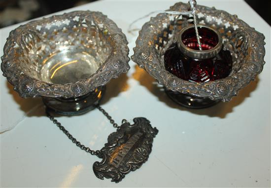 George IV Scottish silver brandy label, George Paton, silver-mounted ruby cut glass salt & spoon & pair pierced silver bon bon baskets